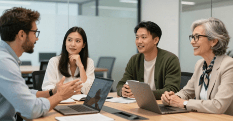 Business professionals discussing employment solutions around a conference table, illustrating employer of record Philippines cost considerations.